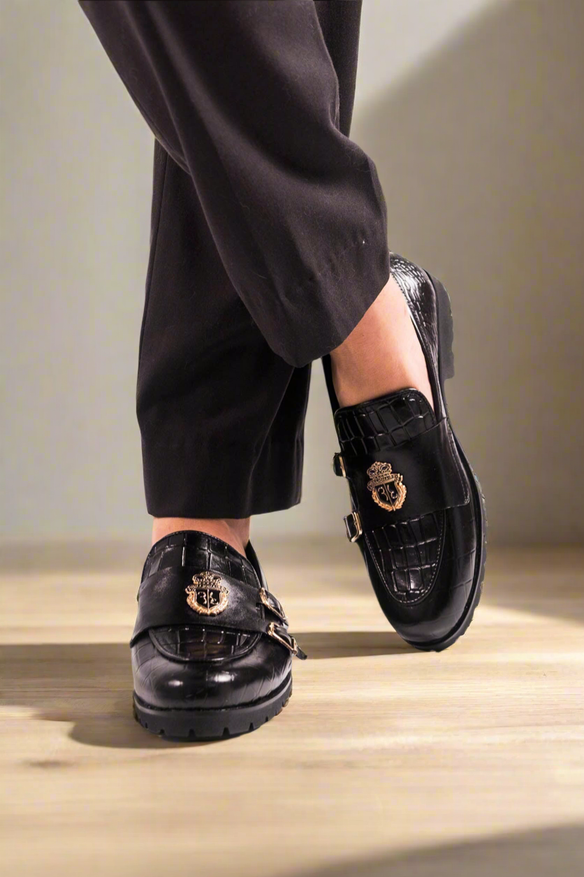 Black Double Monk Cow Leather Shoe - CDC 771